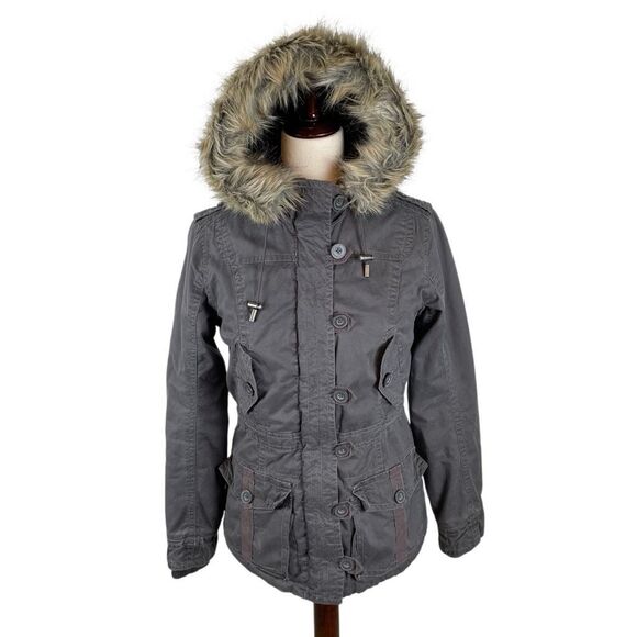 Aeropostale Y2K Utility Jacket Womens S Faux Fur Lined Hood Military Bomber Gray - Picture 1 of 13